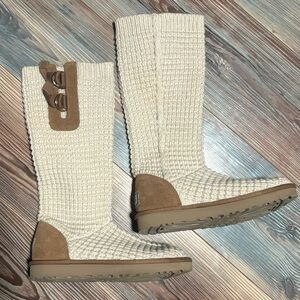 UGG Cream Knit Mid-Calf Boots with Tan Suede Accents
